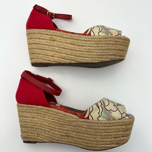 Tory Burch Platform Wedge Espadrilles Sandals Red Floral Open-Toe | Size: 8M - Picture 7 of 13
